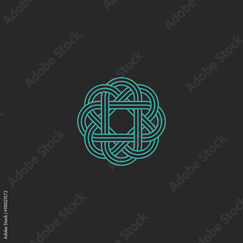 Sacred geometric logo, turquoise intersection line hipster celtic emblem, overlapping symmetry graphic design element