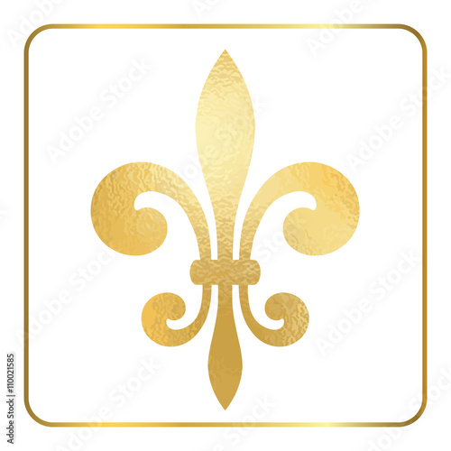 Golden fleur-de-lis heraldic emblem. Gold foil sign, isolated on white background. Design lily insignia element. Glowing french fleur de lis royal lily. Elegant decoration symbol. Vector Illustration.