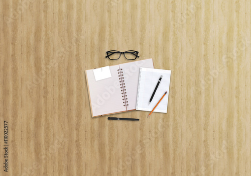 Office table business top view mock up image. Wooden background