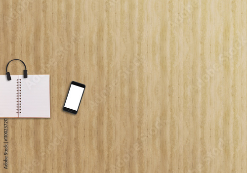 Office business top view mock up image with smartphone. Wooden background