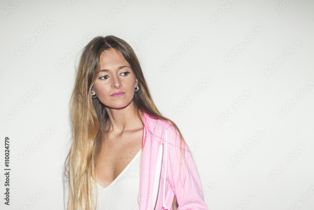 Close up portrait beautiful woman with pink sweatshirt shoot in Close up portrait beautiful woman with pink sweatshirt shoot in