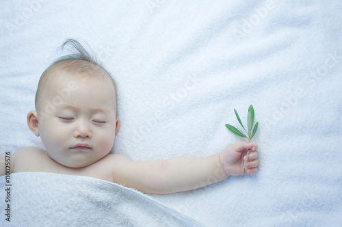 オリーブの葉を手に持って昼寝をする日本人の赤ちゃん