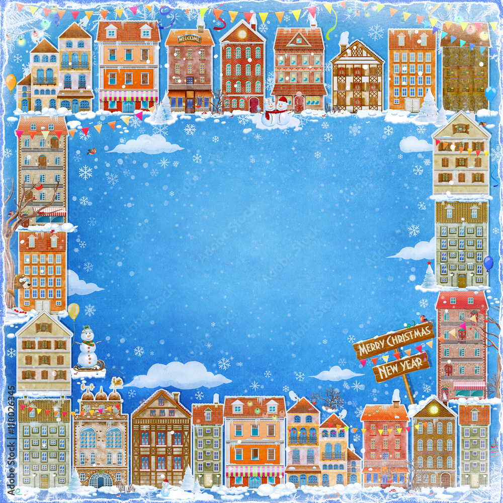 Frame with  colorful houses. Christmas and New Year holidays card with small fairy town , illustration art
