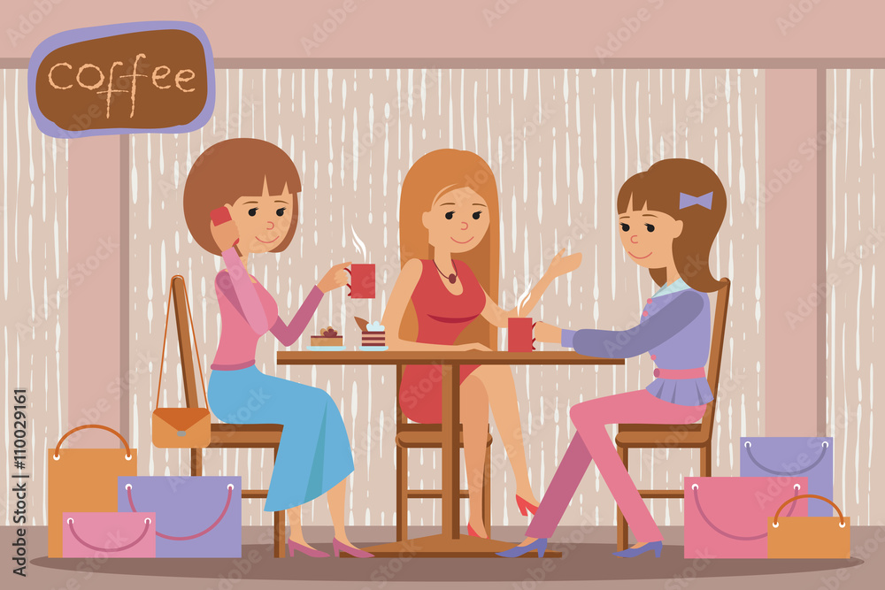 Three beautiful women talking at coffee shop while drinking hot coffee Three beautiful women talking at coffee shop while drinking hot coffee