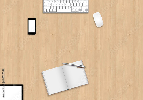 Office table top view mock up image. Wooden background