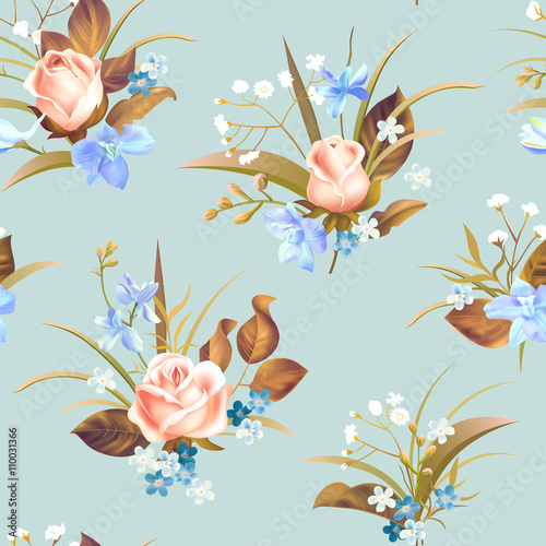 Seamless pattern with roses and spring flowers. Vector illustration.