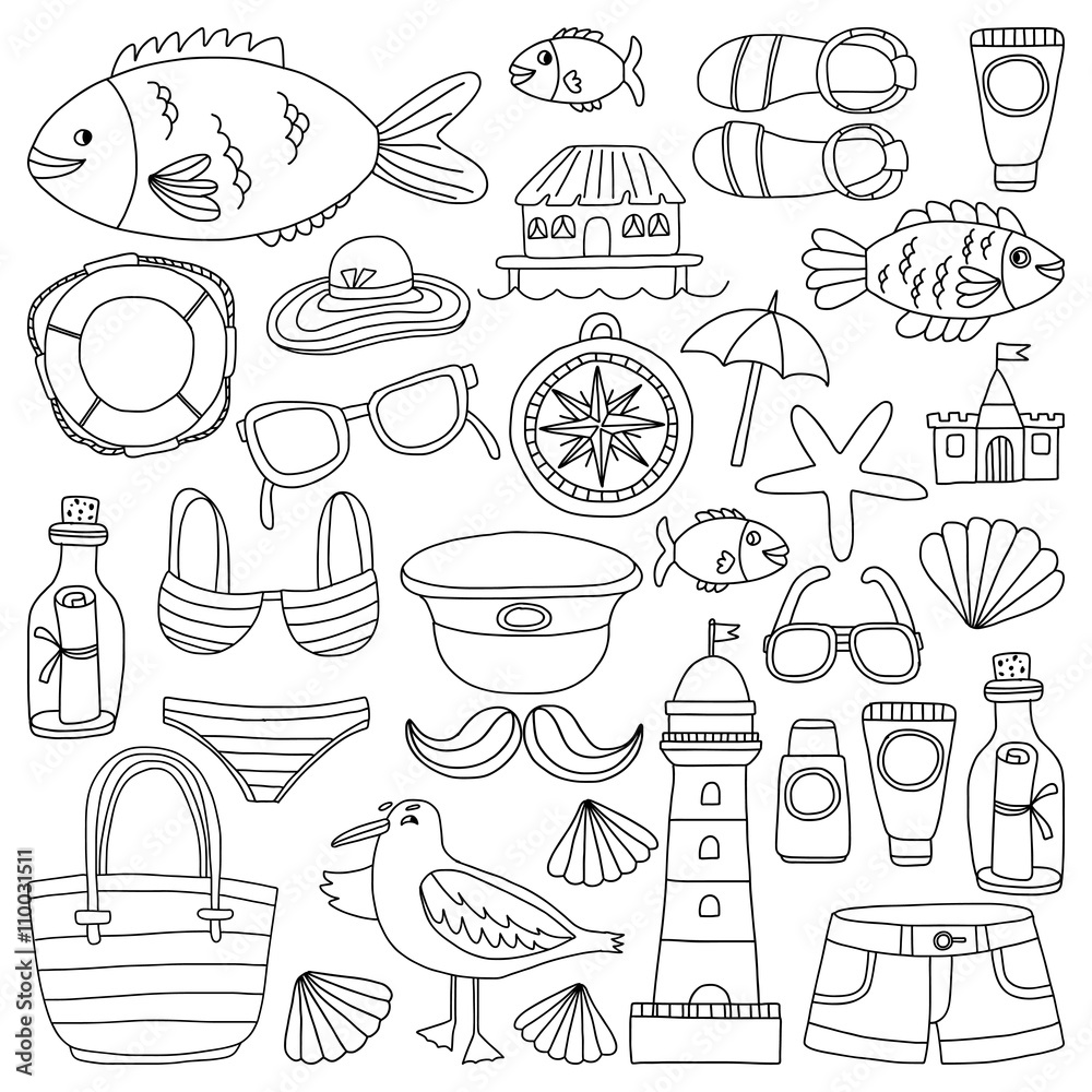 Doodle beach and Travel icons Hand drawn picture Doodle beach and Travel icons Hand drawn picture