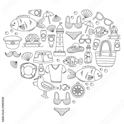 Doodle beach and Travel icons Hand drawn picture