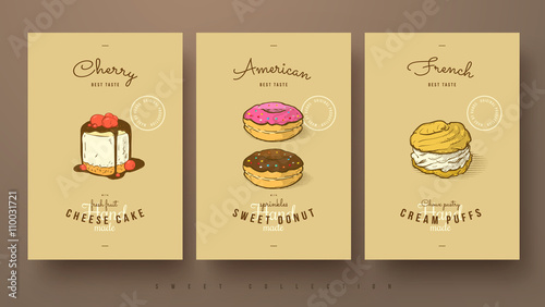 sweet collection of cherry cheese cake, donut and cream puffs