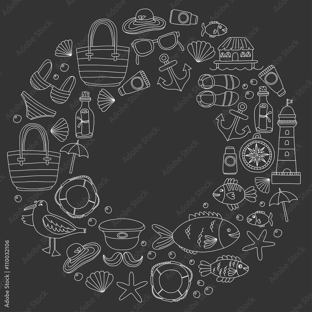 Doodle beach and Travel icons Hand drawn picture Doodle beach and Travel icons Hand drawn picture