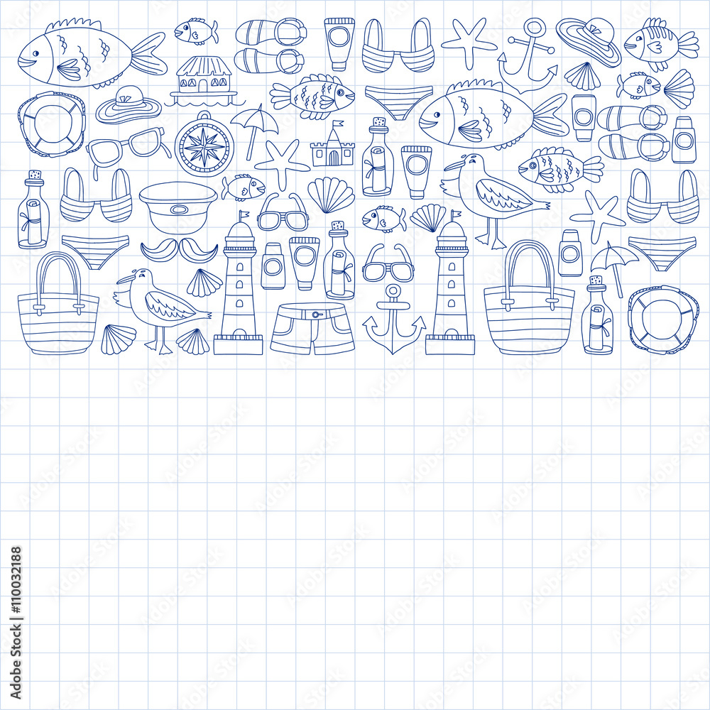 Doodle beach and Travel icons Hand drawn picture