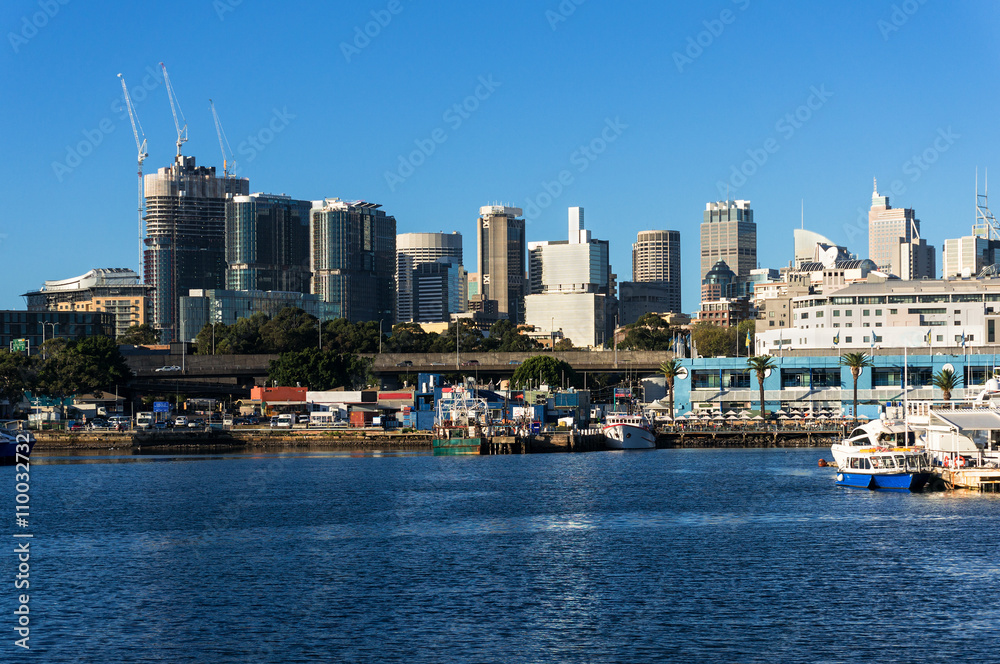 Sydney CBD city view of Barangaroo and Central Business District. Office and residential skyscraper buildings of Sydney, NSW, Australia