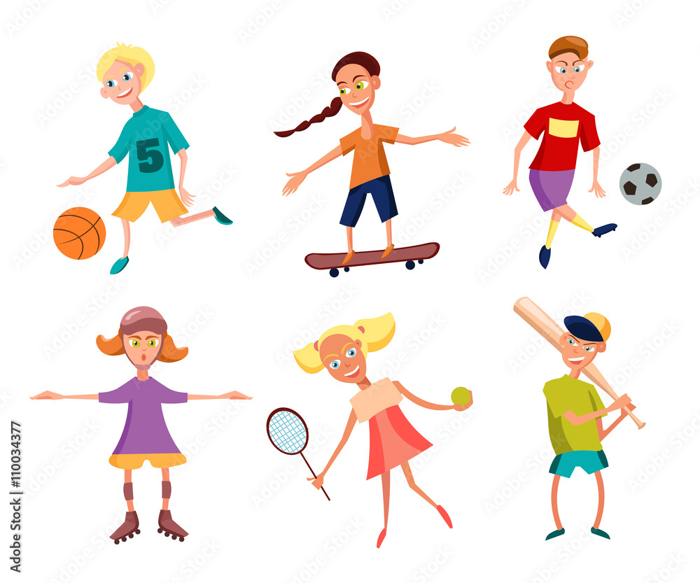 Cute happy and active children playing various sports activities