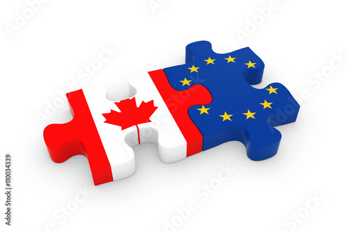 Canada and EU Puzzle Pieces - Canadian and European Flag Jigsaw 3D Illustration