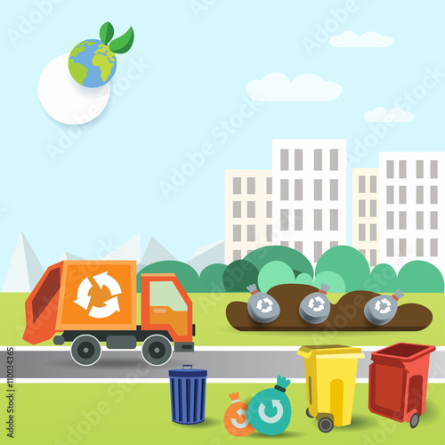  garbage truck. garbage removal transportation to dumb near the city . Vector Illustration