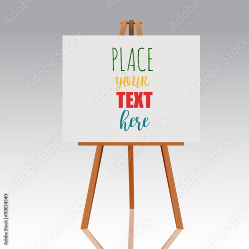 Wooden easel with canvas. Blank space ready for your advertising and presentation. Vector mock up illustration.