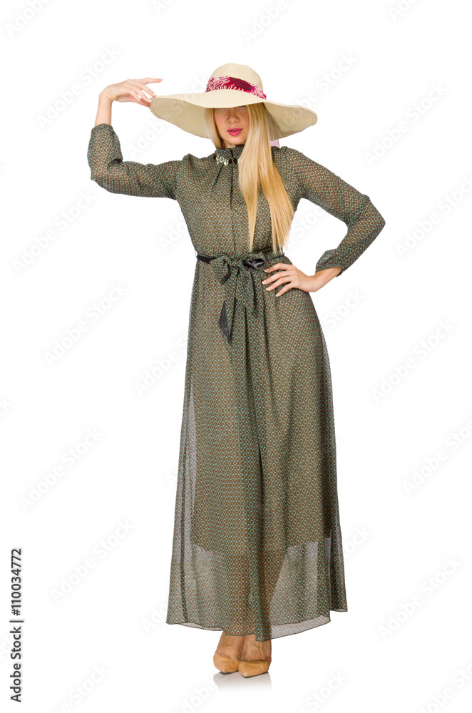 Blond hair woman in long green dress isolated on white
