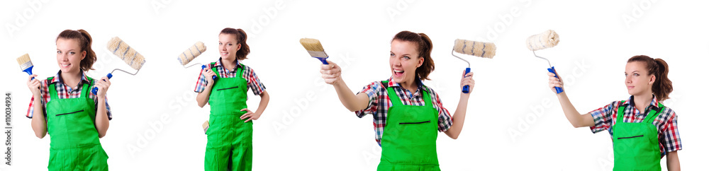 Woman painter with paintbrush on white Woman painter with paintbrush on white