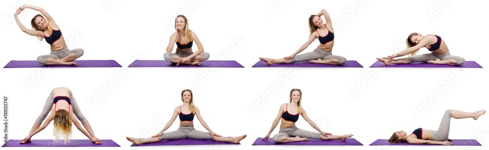 Young female doing exercises on white