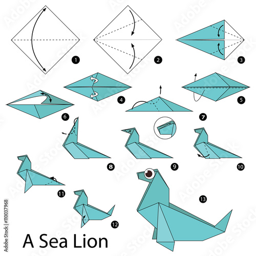 Step by step instructions how to make origami A Sea lion.