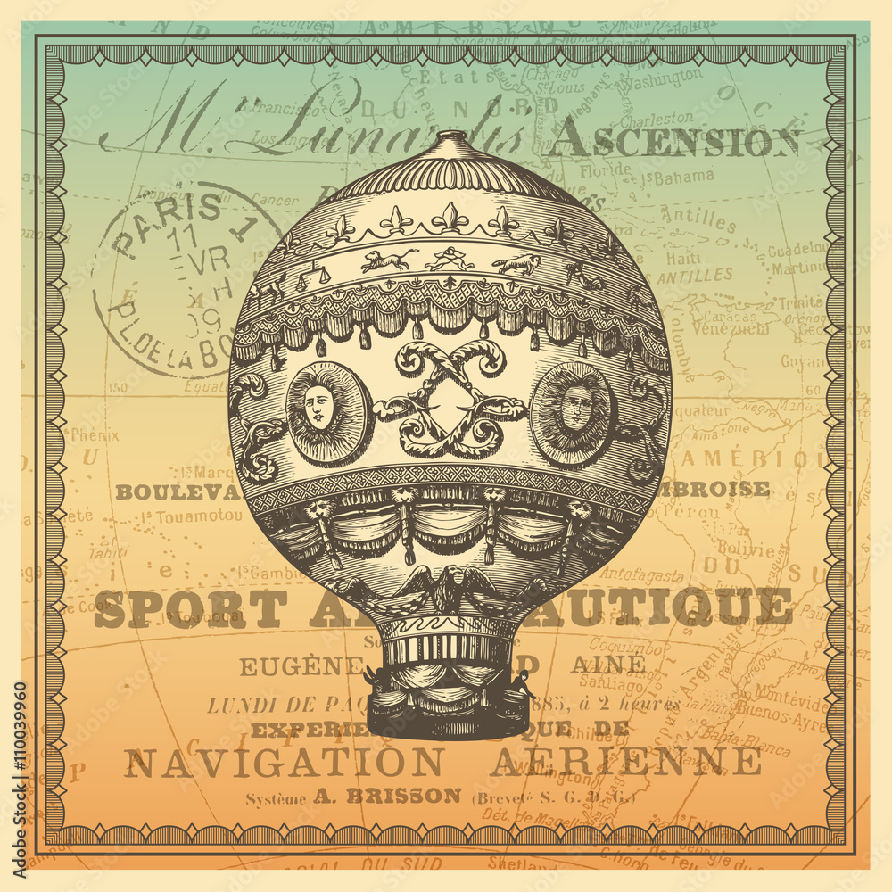 Obraz premium travel themed card/background with vintage hot air balloon, antique world map and French typography