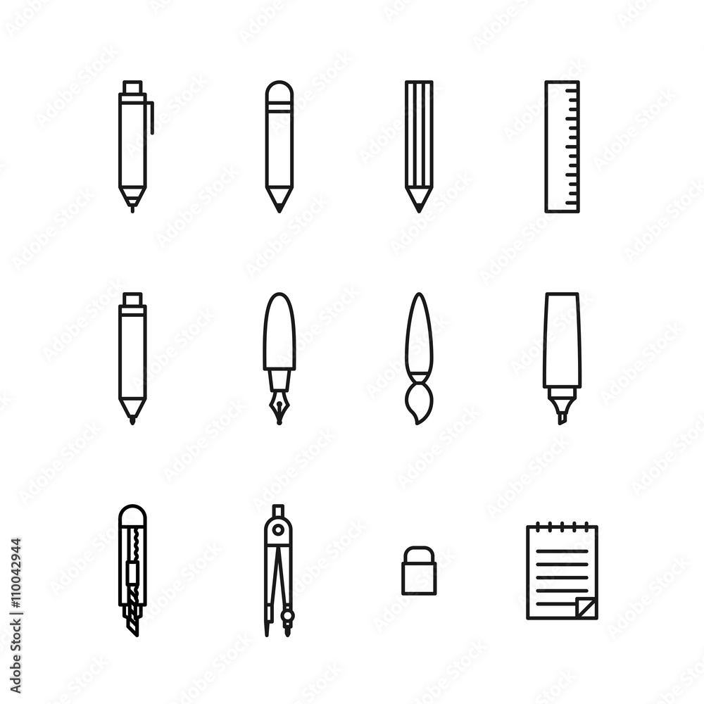 Stationary icon set outline style black color isolated on white background Stationary icon set outline style black color isolated on white background
