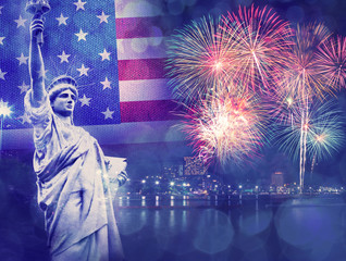 Statue of Liberty with celebration firework on the background 