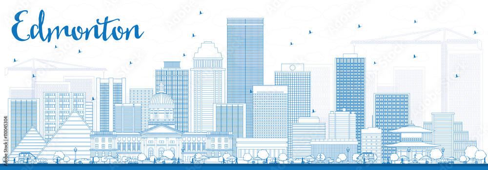 Outline Edmonton Skyline with Blue Buildings.