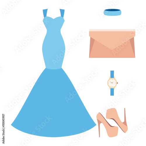 Set of trendy women's clothes with dress and accessories