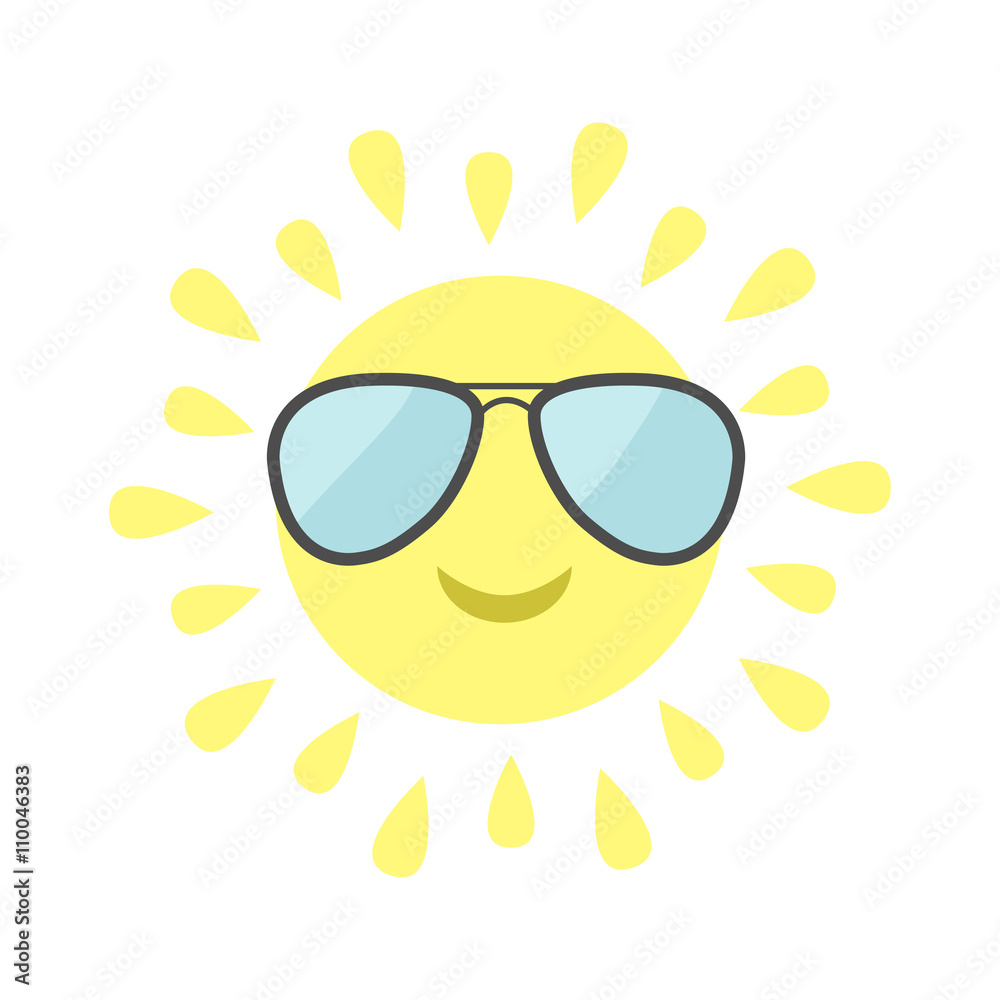 Sun shining icon. Sun face with pilot sunglassess. Cute cartoon funny smiling character. Hello summer. White background. Isolated. Flat design Sun shining icon. Sun face with pilot sunglassess. Cute cartoon funny smiling character. Hello summer. White background. Isolated. Flat design