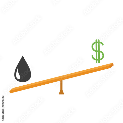 Balance between oil and dollar value. Dollar sign and oil drop on scale board. Seesaw icon. Business infographic. White background. Isolated. Up down money value concept. Flat design photo