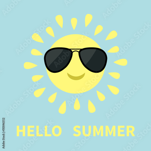 Sun shining icon. Sun face with sunglassess. Cute cartoon funny smiling character. Hello summer. White background. Isolated. Flat design