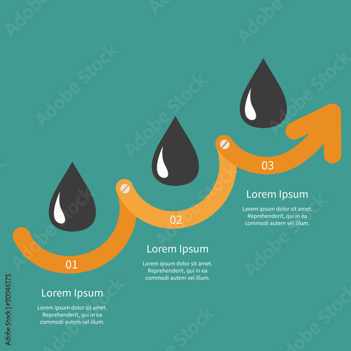 Timeline Infographic Oil drop sign icon. Three step orange upward arrow with screw Flat design.