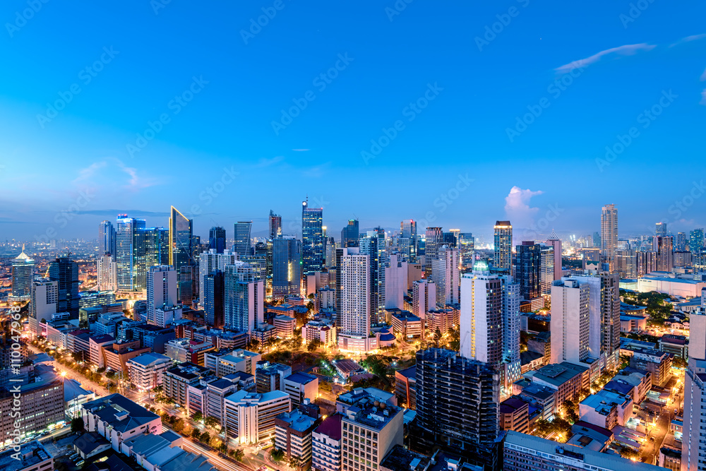 Eleveted, night view of Makati, the business district of Metro Manila.