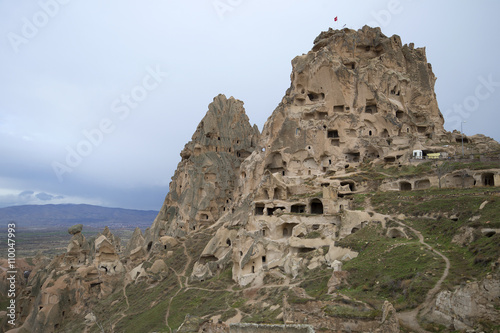 View of the mountain-fortress of Uchisar and the cave city. Cappadocia, Turkey