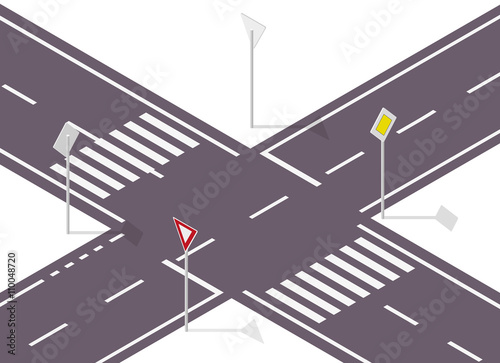 Road sign on street. Street traffic sign. Info graphic, junction crossway on white background. Illustration of crossroads main and side road. Flatten isolated master vector icon.