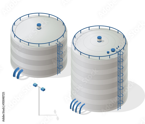 Water reservoir isometric building info graphic. White water supply resource. Big water reservoir. Pictogram industrial chemistry cleaner set with blue details. Flatten isolated master vector icon.