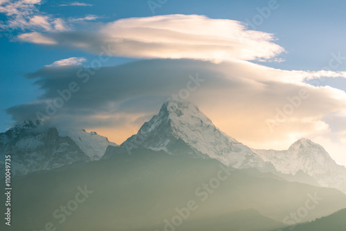 Annapurna mountain range view from Poon Hill  Nepal with the morning sunrise.