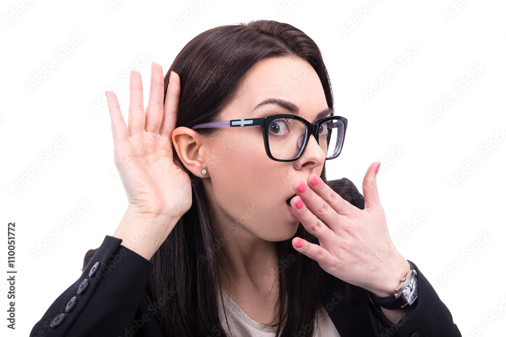 gossip concept - business woman overhears a conversation isolate gossip concept - business woman overhears a conversation isolate