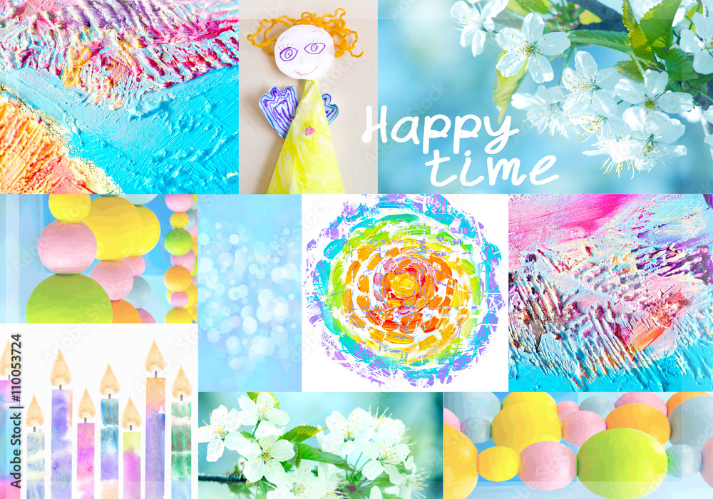 Interesting collage with paper angel, spring flowering branches of trees, part of textured abstract painting on canvas. Interesting collage with paper angel, spring flowering branches of trees, part of textured abstract painting on canvas.