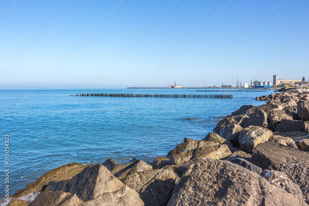 Landscape of sea with Breakwater. black sea.