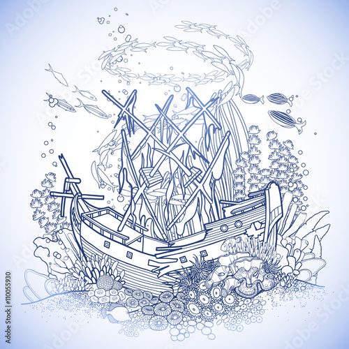 Ancient sunken ship and coral reef