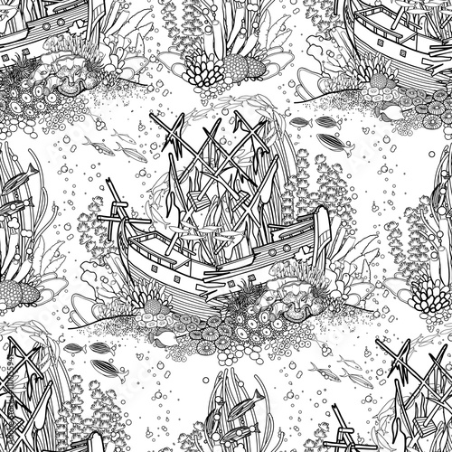 Ancient sunken ship and coral reef pattern