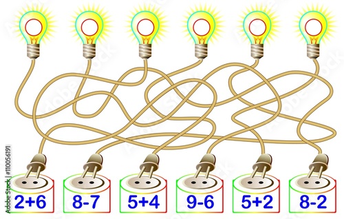 Exercises for children - need to solve examples and write the answers on the corresponding lamps. Developing skills for counting. Vector image.