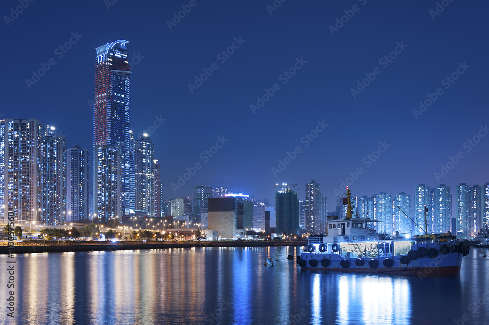 harbor of Hong Kong city at night