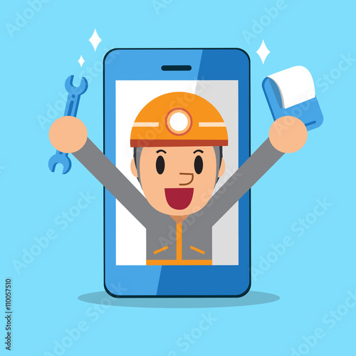 Cartoon service technician with smartphone