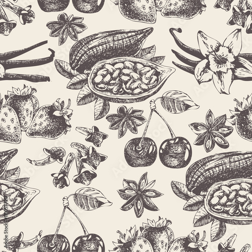 Seamless pattern with fruit and spices in vintage style. Vector background with vanilla, cherry, strawberry, cocoa and anise for scrapbook, poster, postcard. 