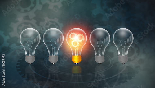 Glowing bulb uniqueness concept on gear background