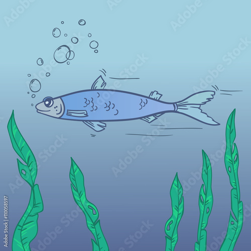 Hand drawn illustration - floating fish with bubbles. Vector