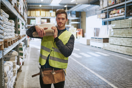 Fényképezés Young handyman selecting supplies in a warehouse